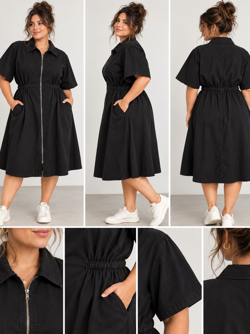 Noble Utility Dress Black 1X Organic Cotton Zip Front Workwear Plus Size